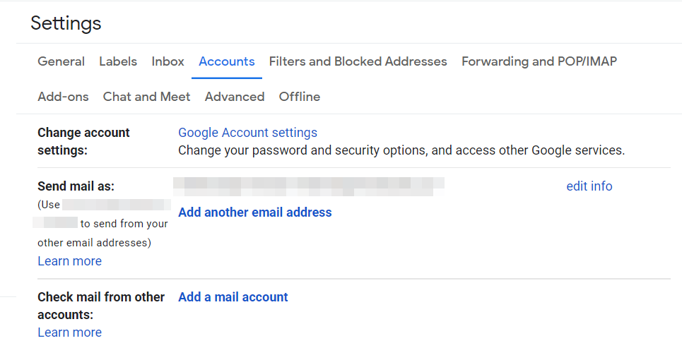 Accounts and Import page in Gmail Settings