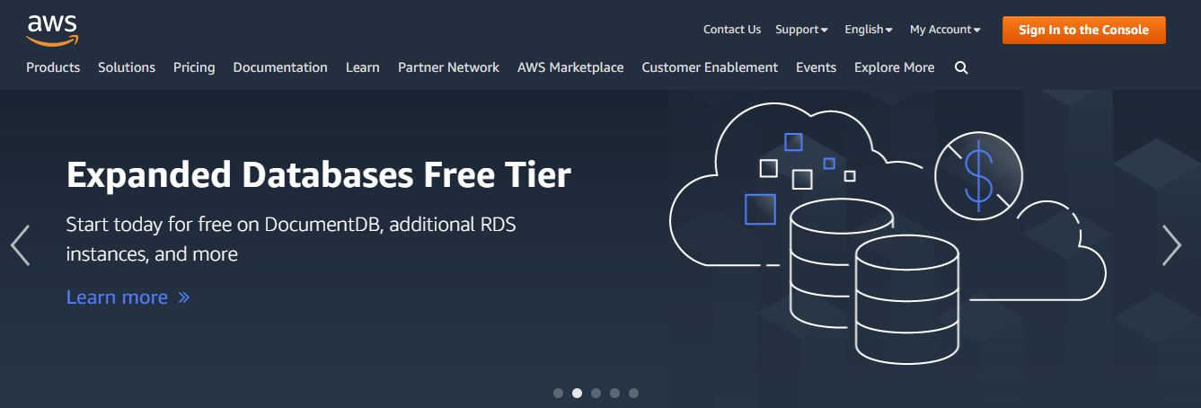 The AWS homepage