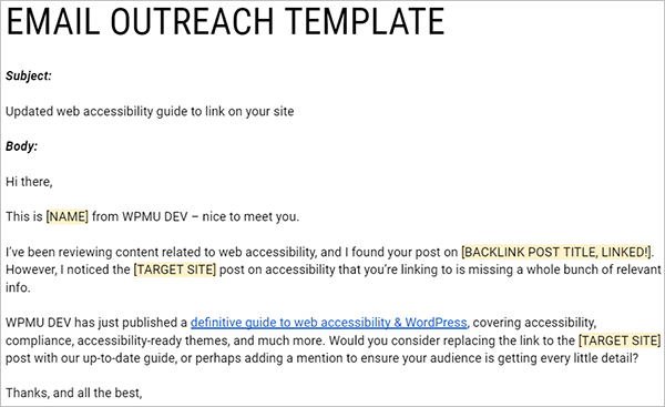 Backlink outreach campaign - email template.