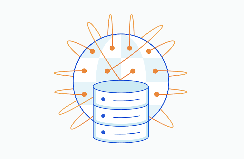 A drawing of a blue cylindrical server stack, in front of a blue sphere surrounded by thin orange rings, connected to the sphere with dots.