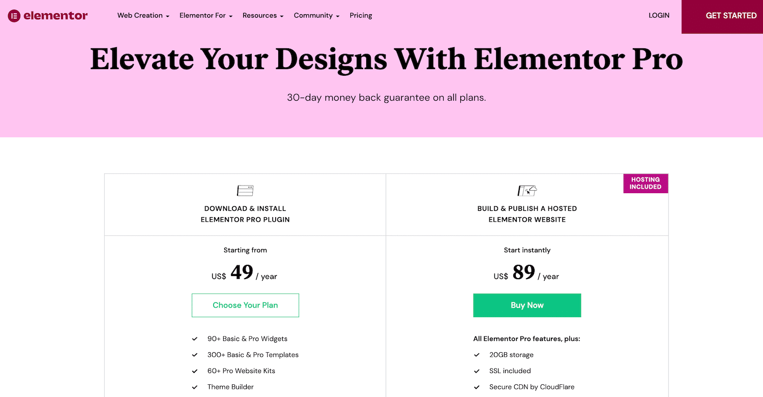 Elementor pro pricing options