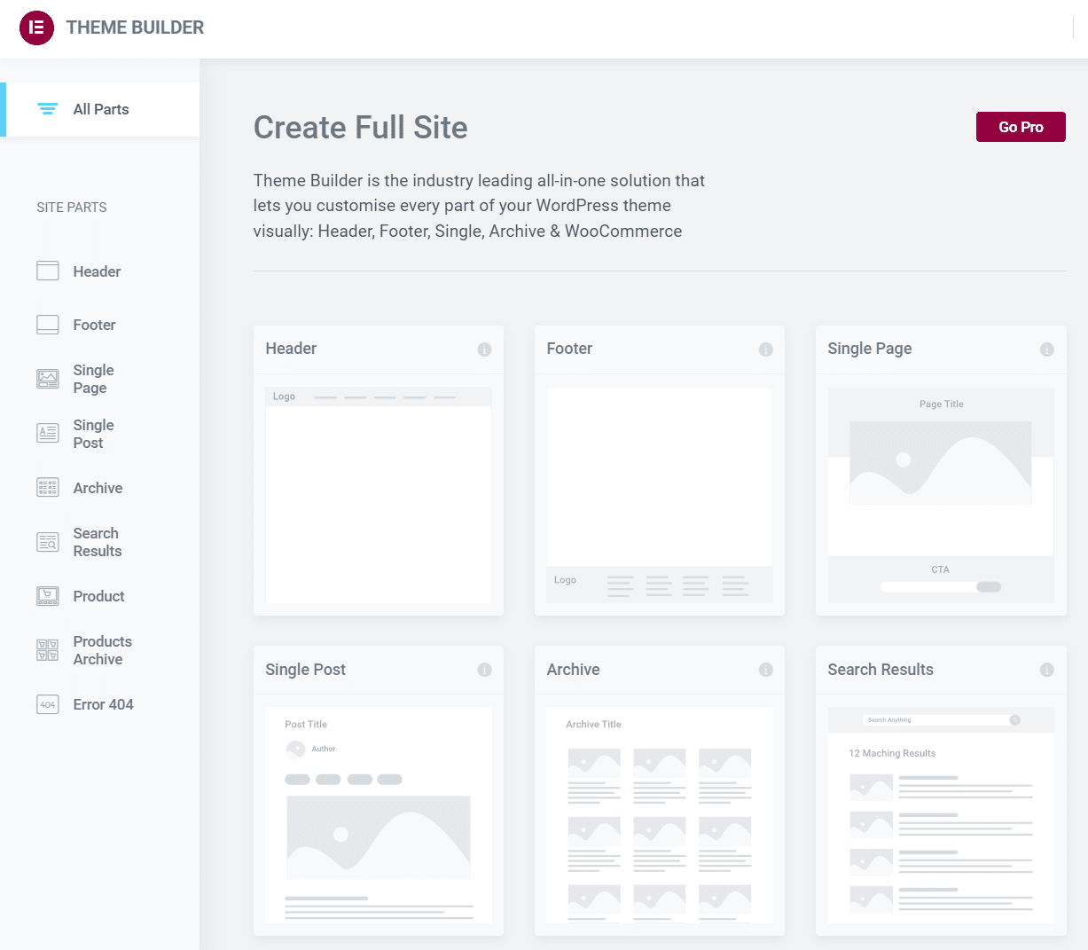 Different types of page Templates in Elementor