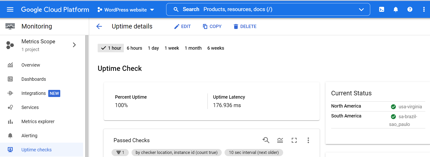 Running an uptime check with Google Cloud console. 