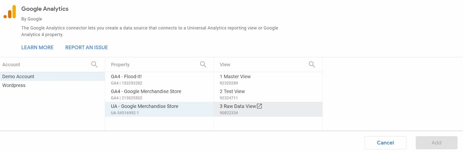 how to connect data sources to google data studio:  select property 