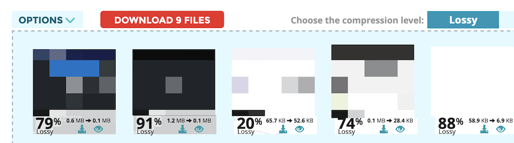 The ShortPixel image optimizer tool showing a number of image thumbnails with pre- and post-values for data compression. There's a red button to let the user download the images as a ZIP file.