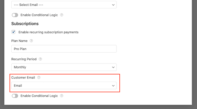 WPForms' customer email settings