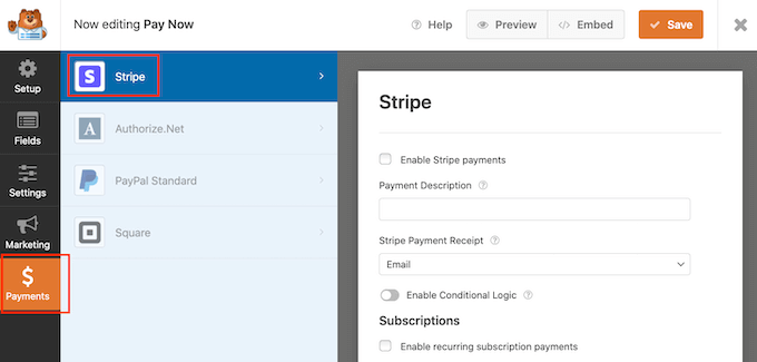 How to credit a card card payment form with WPForms