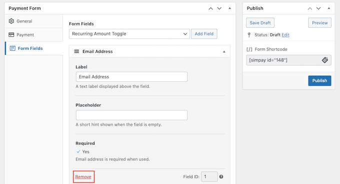 Removing a field from your WP Simple Pay recurring payment form