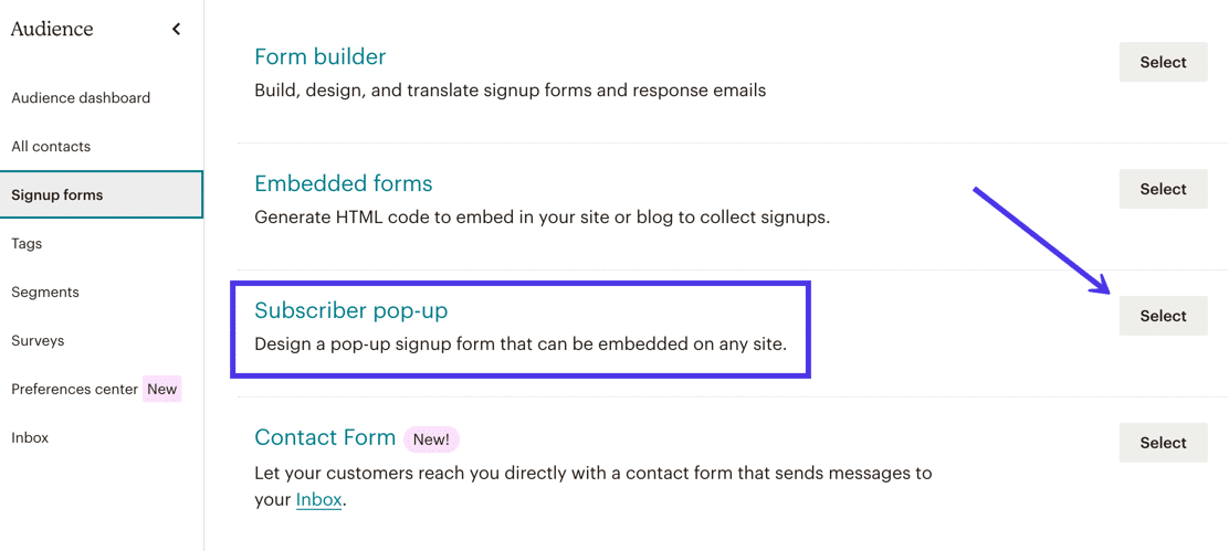 Choose the Subscriber Pop-up option to generate and customize pop-up forms