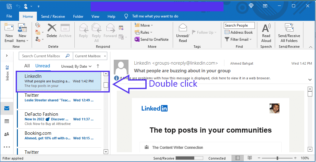 An Outlook inbox with the most recent new email highlighted.