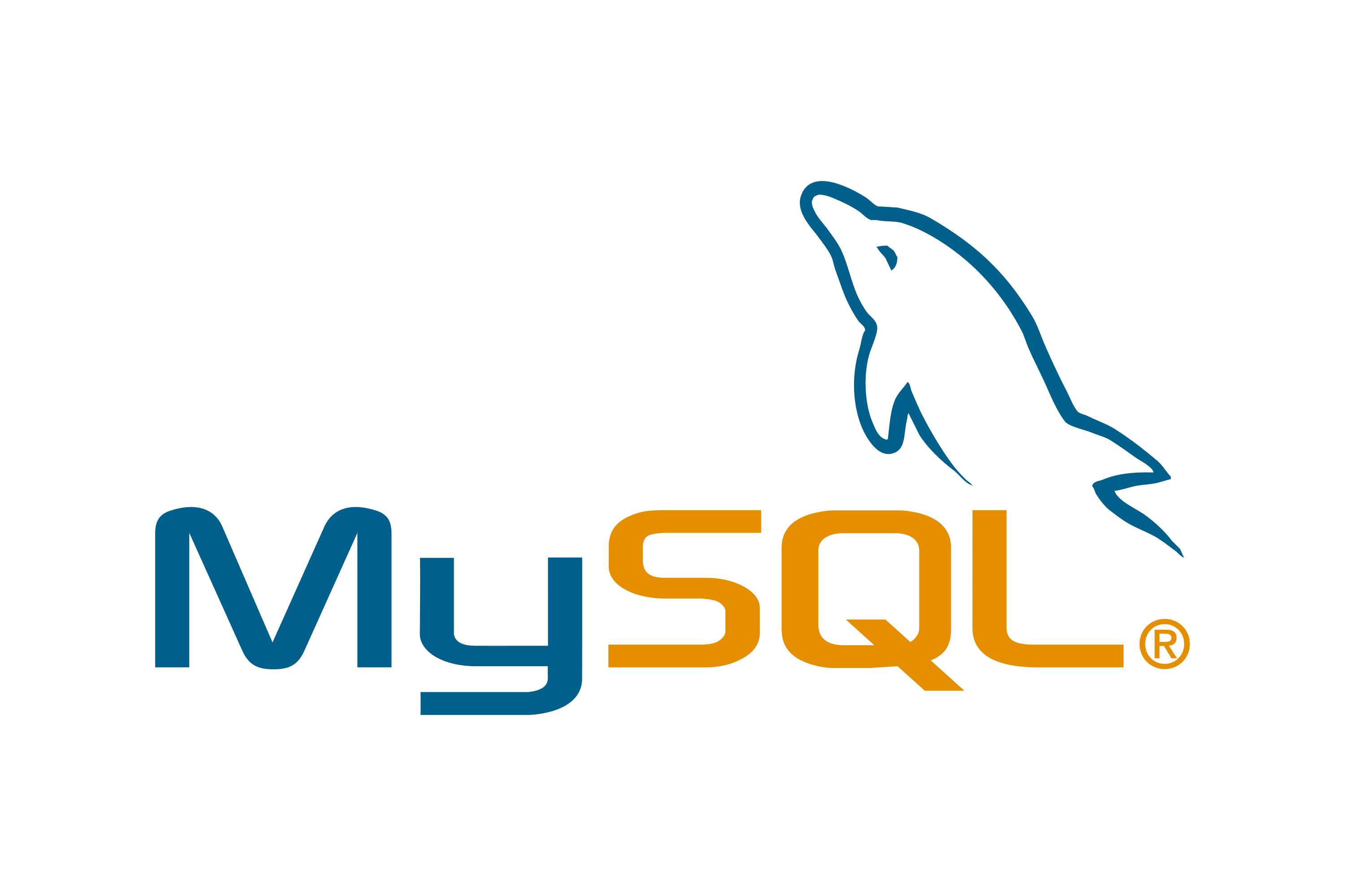 The MySQL logo, showing the text below a tilted, stylized blue dolphin body.