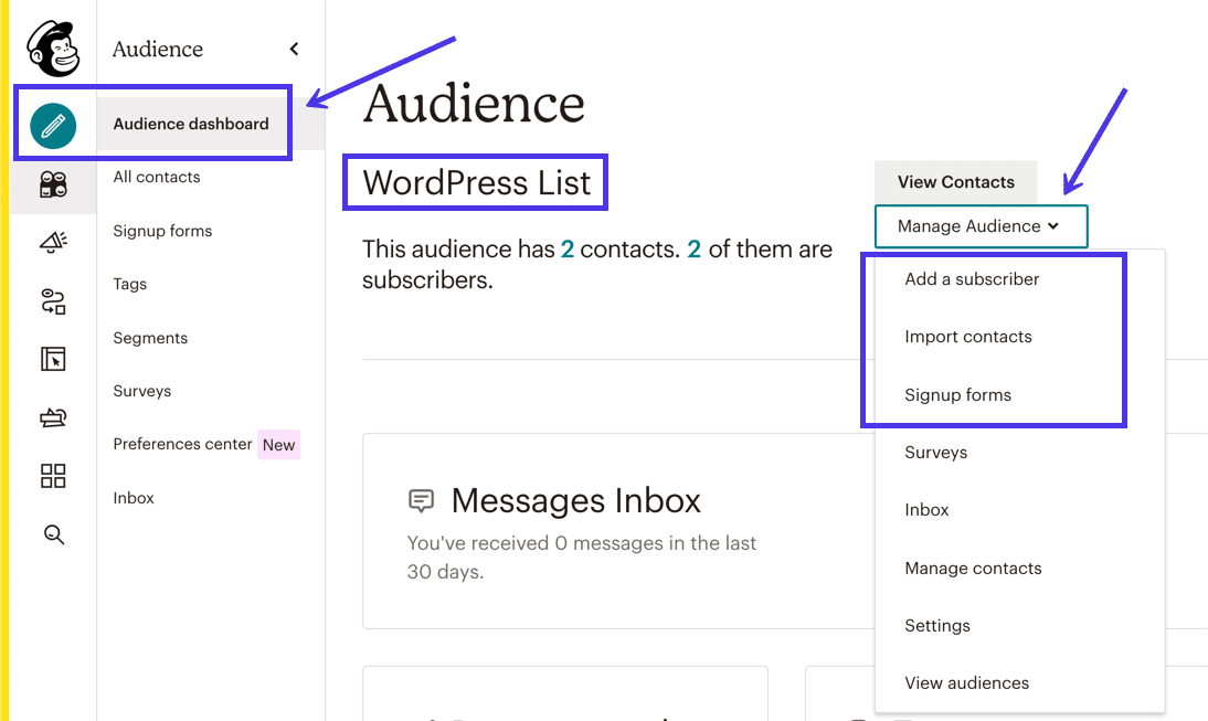 The Audience Dashboard shows the name of your email list, and several buttons to Add A Subscriber, Import Contacts, and build Signup Forms