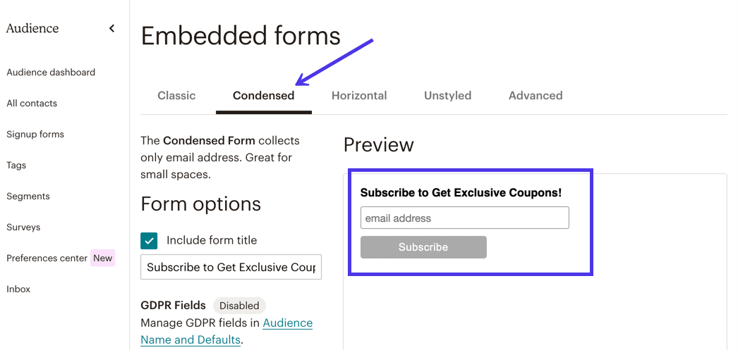 The Condensed tab gets rid of most fields and compresses the form's size