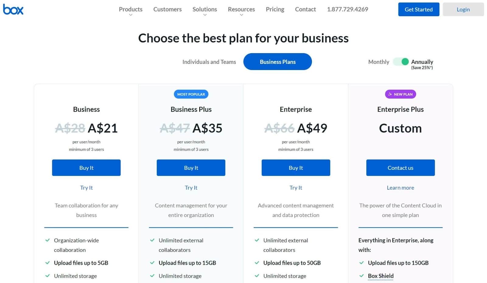 Box website pricing page