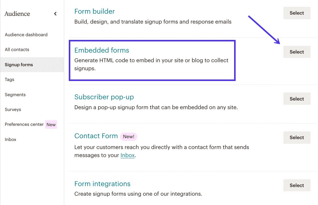 Use the Embedded Forms option to generate quick forms to embed with code on WordPress