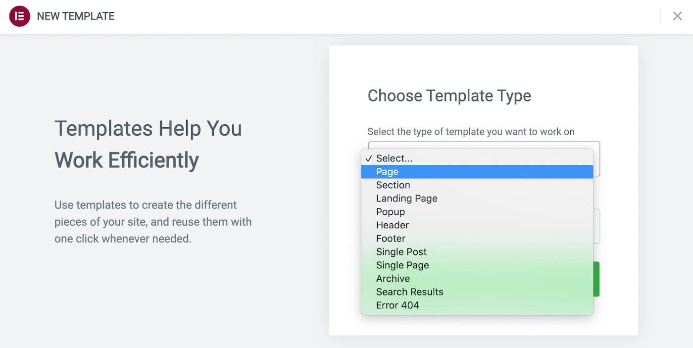 Choose a template type for your Elementor template