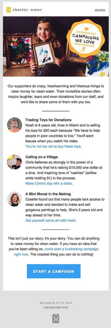 charity water newsletter with clearly visible unsubscribe options