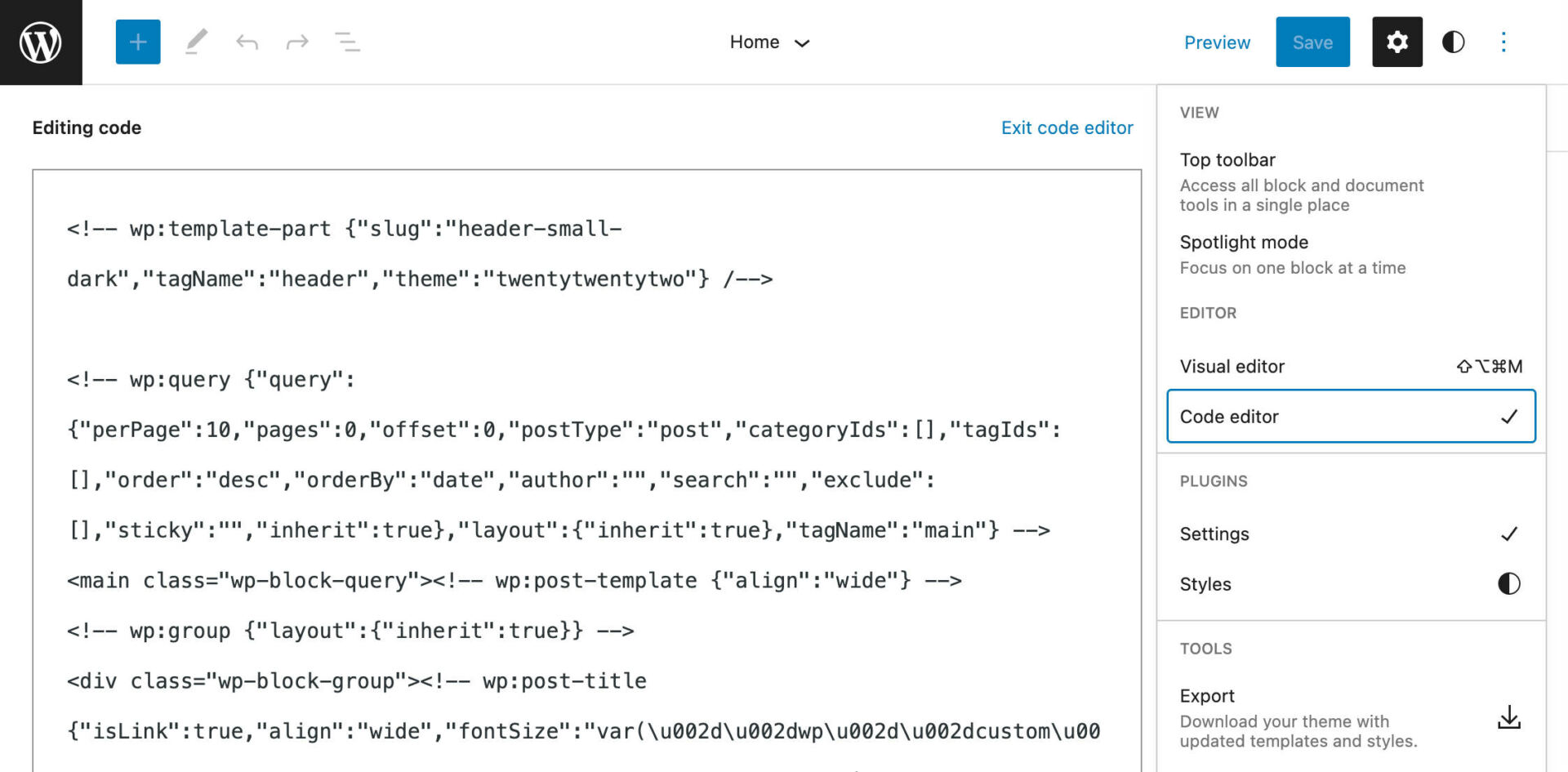 WordPress 6.0 adds the Code Editor to the Site Editor.