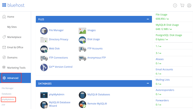Bluehost's PhpMyAdmin tool