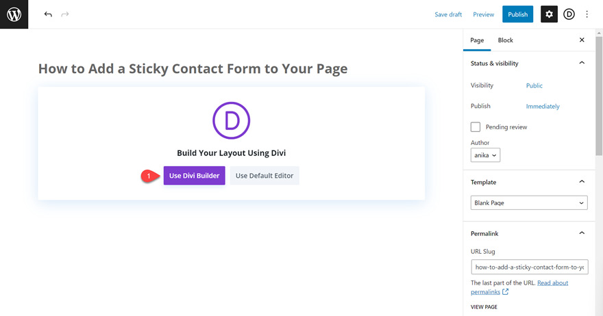 divi sticky contact form create new page