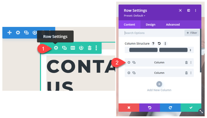 divi sticky contact form edit column settings