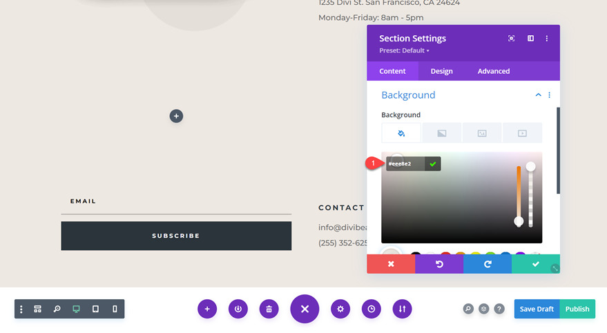 divi sticky contact form set section background color