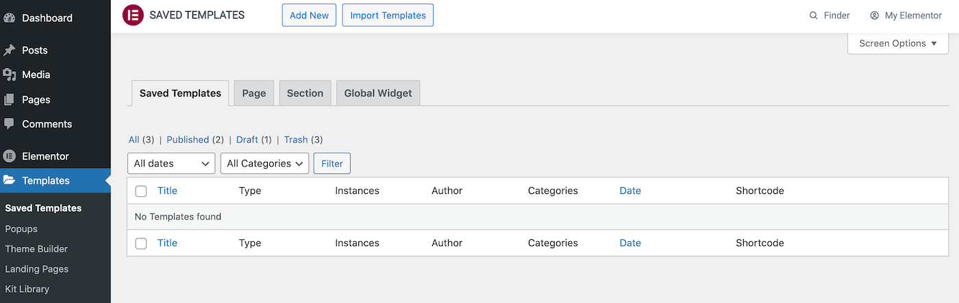 CLick on the import templates button to import an Elementor template