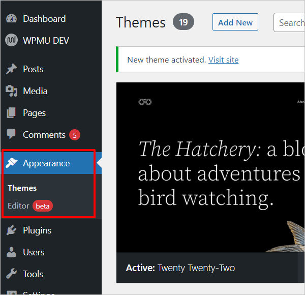 WordPress Appearance menu with block theme installed.