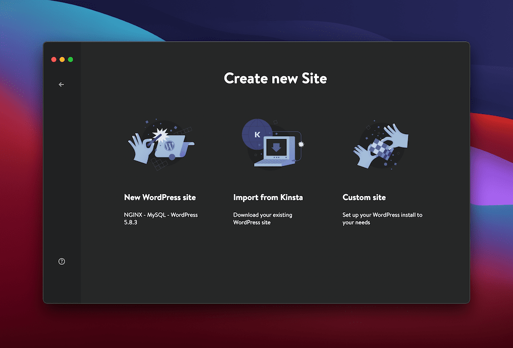The DevKinsta Create new Site screen, showing three options: New WordPress site, Import from Kinsta, and Custom site, in front of a macOS desktop background image.