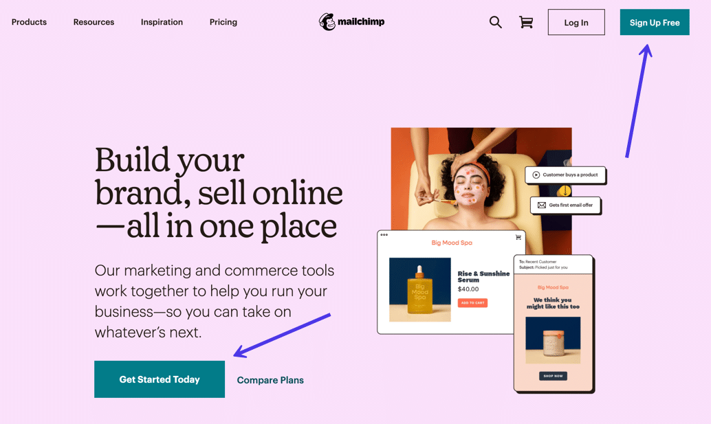 On the Mailchimp homepage, click one of the buttons