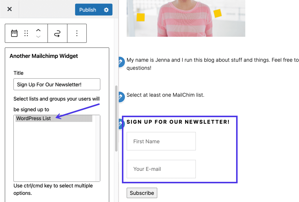 Select a Mailchimp list to render a form widget preview