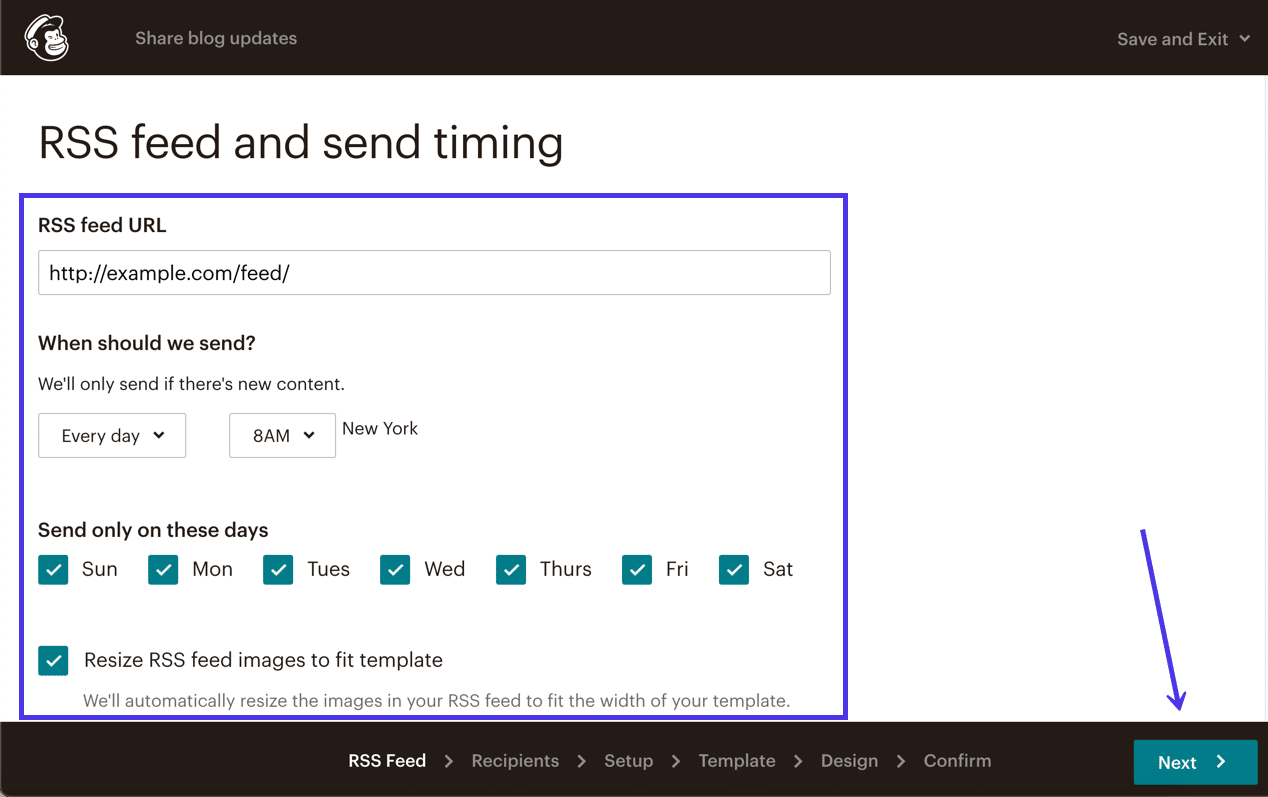 Paste in the RSS Feed URL and add your desired send timing settings