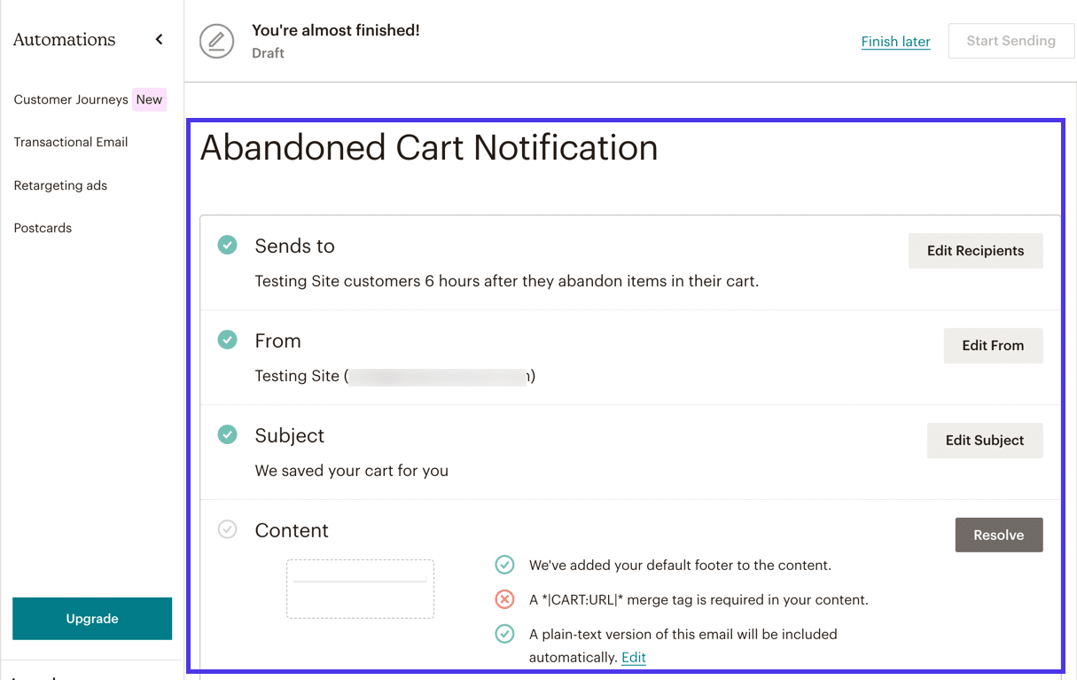 All WooCommerce automations through Mailchimp have similar setup pages, where you configure elements like the Subject, Recipients, and Content.