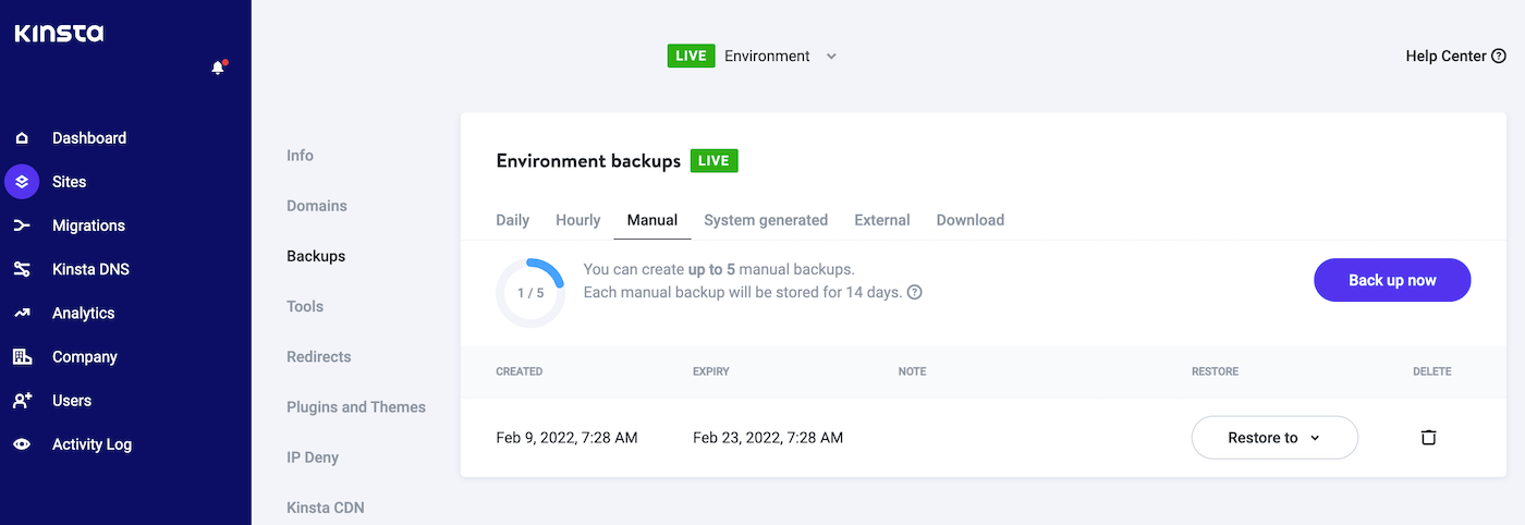 MyKinsta displays list of all backups