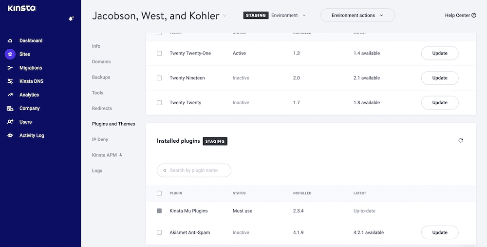 The MyKinsta dashboard, showing a staging site's Plugins and Themes screen, with updates available.