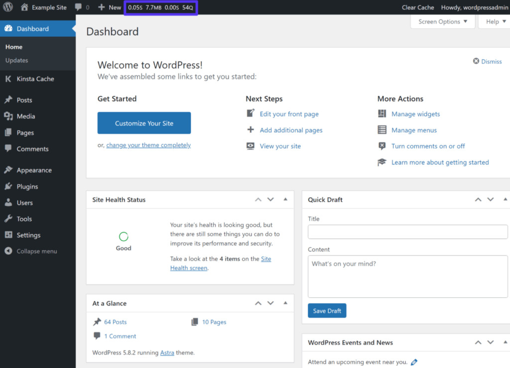 Query Monitor's summary on the WordPress admin bar.