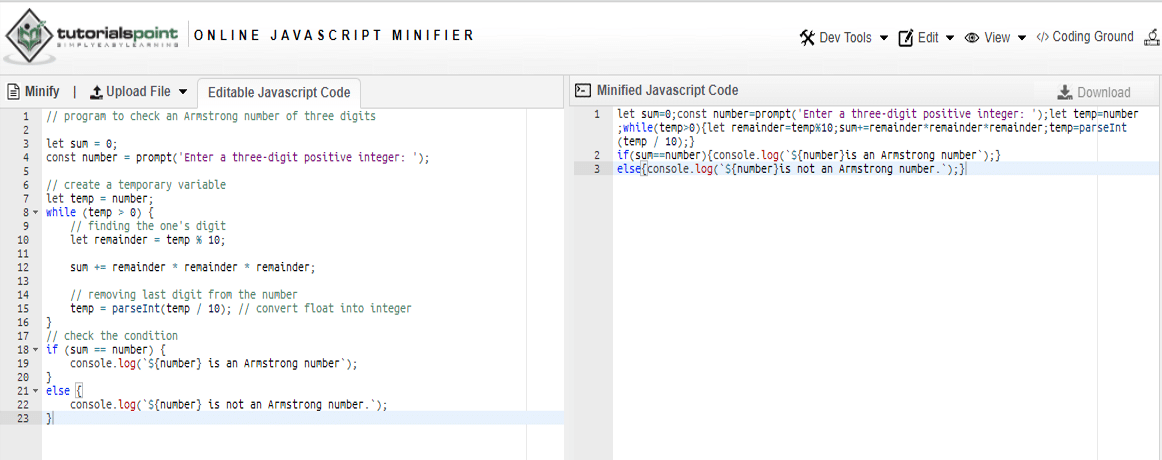 Tutorialspoint JavaScript Minifier while minifying JavaScript