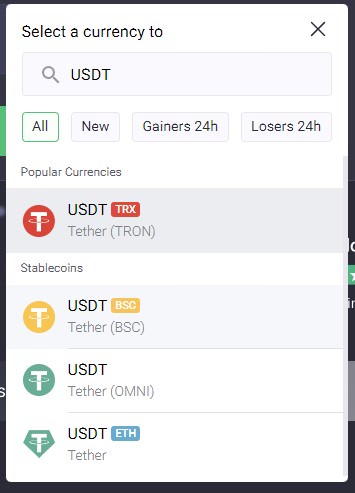 Available USDT networks