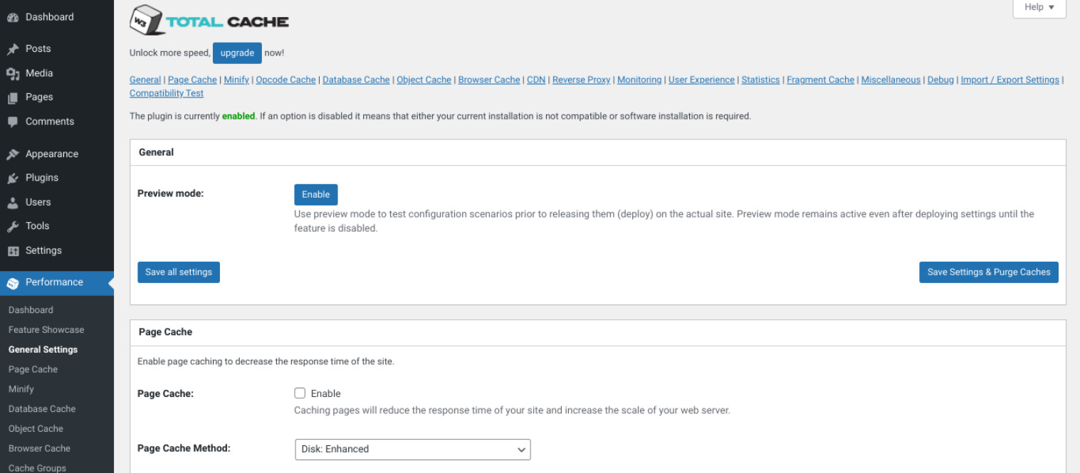 The W3 Total Cache plugin settings.