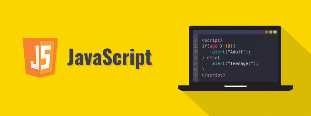 JavaScript title with a demo JavaScript code on a computer screen