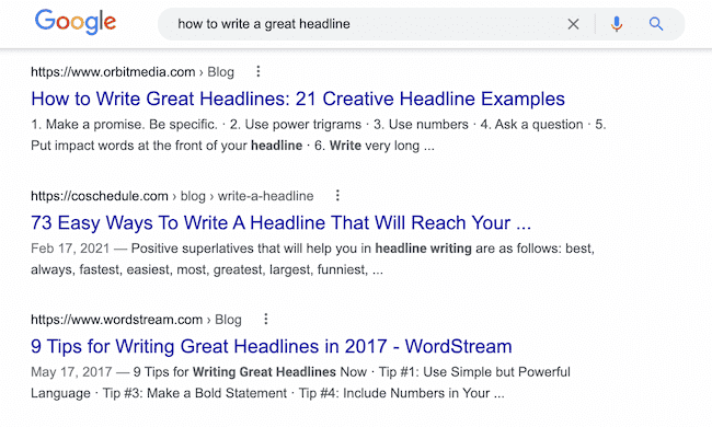 SERP examples for the keyword “How to write great headlines” to help users understand what is a page title in SEO.