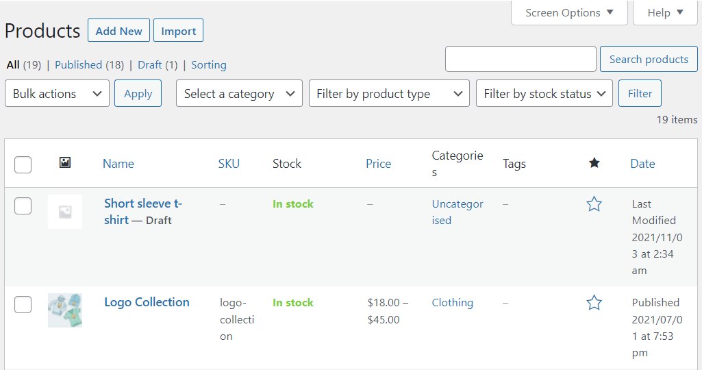 A list of WooCommerce products