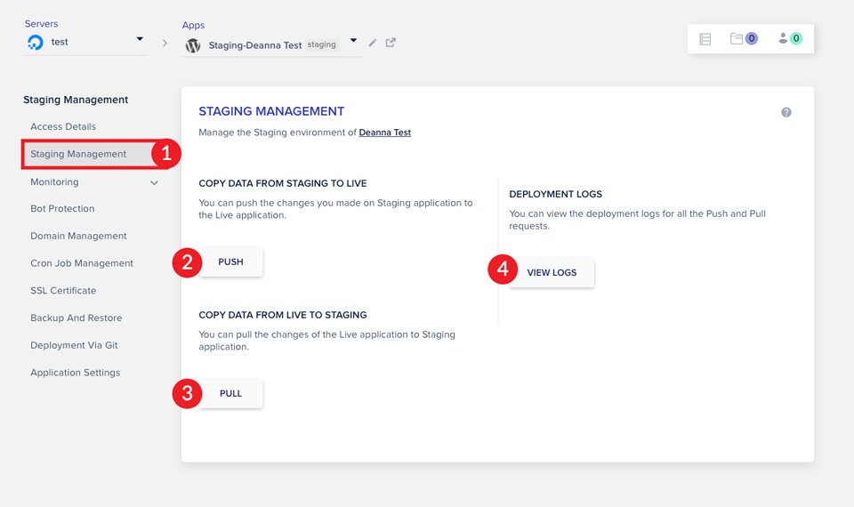 Cloudways Staging Management Screen