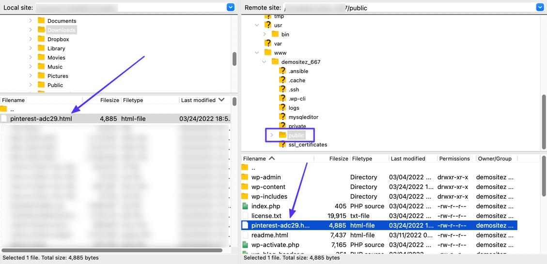 Drag the Pinterest HTML file from the local server (your computer) to the root folder on your host server (remote site)