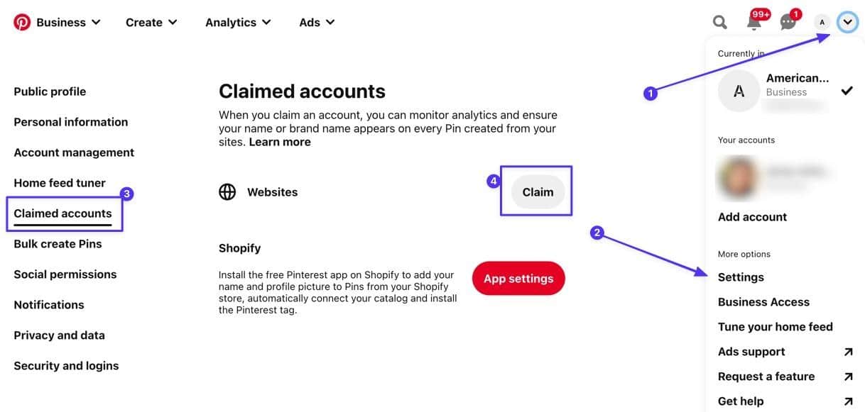 Go to the Claimed Accounts area in Pinterest