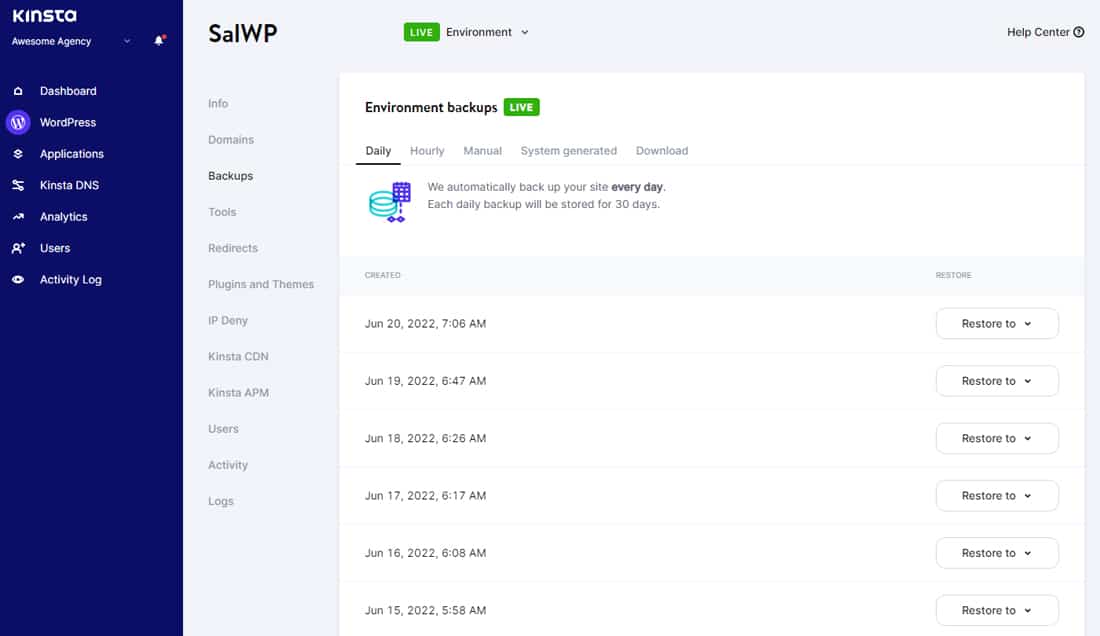 A screenshot of Kinsta's automated backups feature.