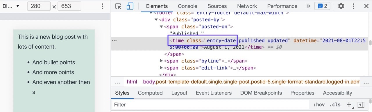 Look for the "time class=" snippet and the information after it