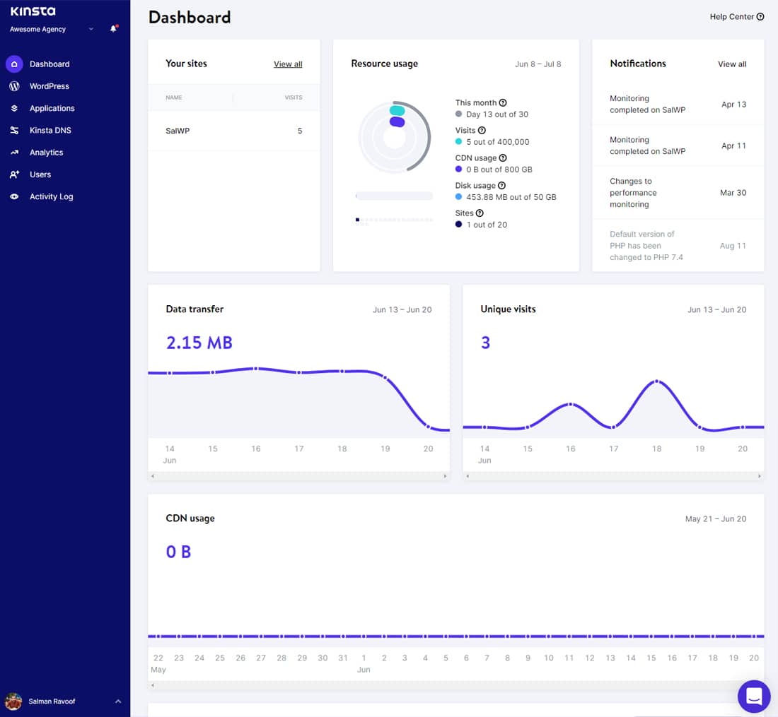 A screenshot of the MyKinsta dashboard.