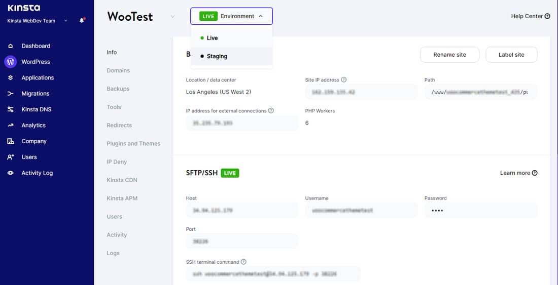 Switching between live and staging environments in MyKinsta.