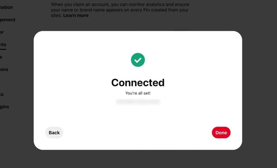 The "Connection" text means you were successful in claiming your site